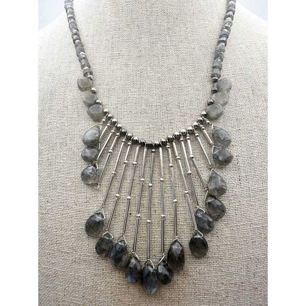 925 Sterling Silver Labradorite Bib Necklace 16.5” Missing One Stone